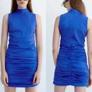 Zara Royal Blue Poplin Mock Neck Ruched Mini Dress Large